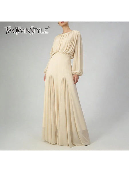 Solid Spliced Folds Minimalist Dresses for Women Round Neck Long Sleeves High Waist Elegant Dress Female Autumn