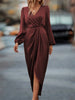 Elegant Women's Maxi Dress With Cross Neckline Folded Pleats Slit Bubble Sleeves Irregular Long Sleeves Dress Autumn