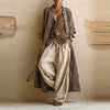 Women Casual Long Sleeve 3 Piece Suits Vintage Geometric Pattern Print Street Outfits Sexy V-neck Top & Long Pant & Cardigan Set