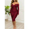 Women Off Shoulder V-neck Ruched Stacked Bodycon Midi Dress Autumn Winter Long Sleeve Party Club Prom Vestidos