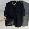 Womens Lightweight Half Sleeve Blazer Collarless One Button Open Front Casual Office Jacket With Pockets
