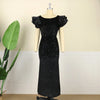 Women Glitter Dress Elegant Black Fishtail Sequin Maxi Dresses Vintage Ruffle Sleeve Party Celebrity Wedding Guest Dresses Robe