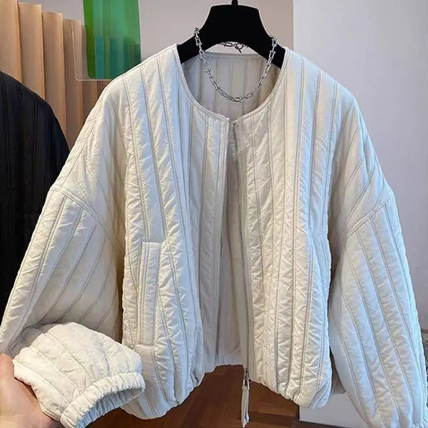 Korean O-neck Short Cotton Jacket for Women Simple Striped Loose Women's Coats Thicked Warm Zipper Top Chaqueta Mujer Parkas