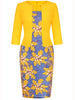 Womens Elegant Floral Patchwork Work Knee Length 2/3 Sleeve Faux Two Piece Business Casual Party Pencil Bodycon Sheath Dress