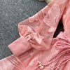 Women Elegant Floral Emboridery Dress Hollow Out Long Sleeve Single Breasted Belt French Court Chic Short A Line Dress