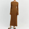 Women Elegant Ribbed Knit Full Sleeve Maxi Dress Crew Neck Bodycon Pencil Long Dress Tie Waist Dress 90s Vintage Streetwear