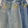 Chic Y2K Style Metal Decoration Washed Blue Women's Stacked Jeans Pants For Woman Clothing Wide Leg Vintage Denim Trouserso
