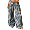 Women Vintage Aesthetic Casual Plaid Print Barrel Pants Drawstring Elastic Waist Loose Straight Pants with Pockets Streetwear