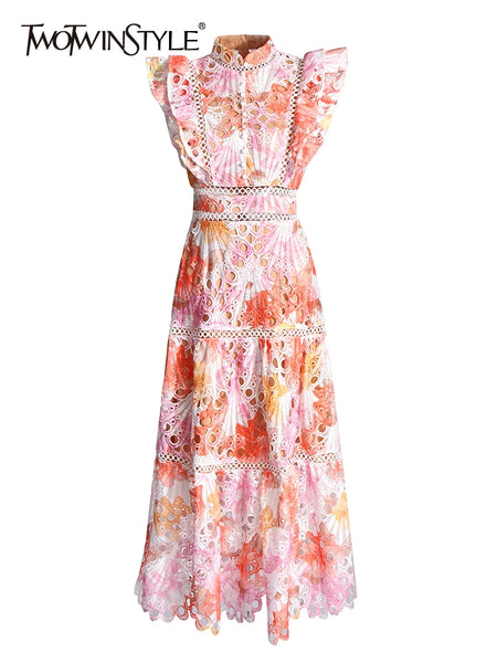 Colorblock Hollow Out Elegant Dress For Women Stand Collar Flying Sleeve High Waist Temperament Dress Female
