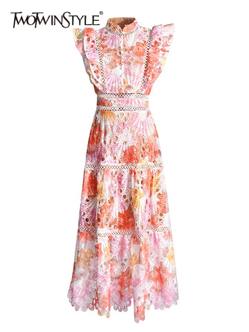 Colorblock Hollow Out Elegant Dress For Women Stand Collar Flying Sleeve High Waist Temperament Dress Female