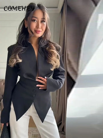 Elegant Chic Waist Cinched Blazer Women V Neck Single Breasted Lace Up Irregular Hem Jacket Lady Casual Commute Outerwear