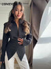 Elegant Chic Waist Cinched Blazer Women V Neck Single Breasted Lace Up Irregular Hem Jacket Lady Casual Commute Outerwear