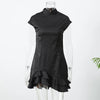 Elegant Floral Jacquard Cheongsam Mini Dress Women Black Ruffle Hem Bodycon Slim Fit Flowy Soft Chic Lady Party Gowns