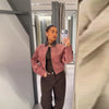 Pink Corduroy Cropped Jacket For Women Casual Contrast Collar Long Sleeve Zipper Coat Lady Spring Chic Streetwear