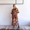 Spring Women's Casual Art Maxi Dress Colorful Patchwork Half Sleeves Shirt Collar Belted Waist Maxi Dress