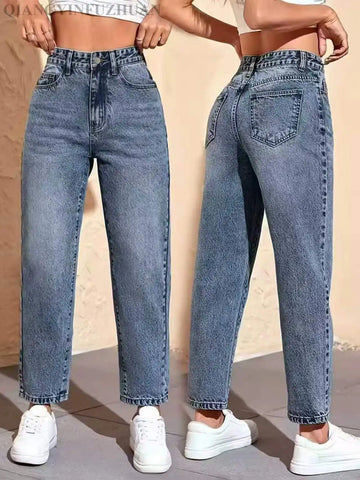 Classic Mid-Rise Cone-Shaped Jeans, Women's Medium Blue Jeans, Washed Denim Casual Pants, Comfortable and Versatile for Daily We