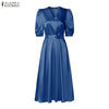 Women Silky Satin Party Midi Dress Elegant V-Neck Short Puff Sleeve Belted A-Line Dress Graceful Cocktail Vestidos Mujer