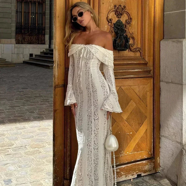White Evening Dresses for Events Red Long Sleeve Lace Elegant Party Dresses Women Wedding Prom Dress Gown