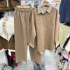 Korean Lapel Denim Shirt Set Women's Loose Casual Two-piece Set Solid Color Wide-leg Pants Set
