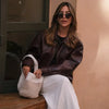 Vintage Wine Red Loose Short Leather Jacket Women Lapel Long Sleeves Zipper Cropped Coat Autumn Lady Street Outwear
