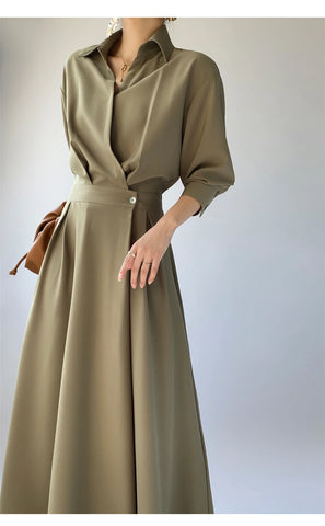 Lmq French Design Temperament Lapel Neck Dress Women Elegant Commuter Long Skirt OL Vestidos Robe