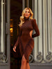 Elegant Hollow Dress Women Turtleneck Ruched Patchwork Full Sleeve Irregular Hem Skinny Stretch Party Club Bodycon