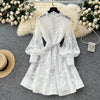 Women Elegant Floral Emboridery Dress Hollow Out Long Sleeve Single Breasted Belt French Court Chic Short A Line Dress