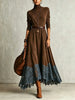 Women Vintage Boho Turtleneck Long Sleeve Maxi Dress Lace Hem Sashes Waist Flowy Long Dress Fall Winter Elegant Ladies Robe