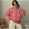 Vertical Stripe Two Piece Outfit Stand Collar Zip Up Jacket Elastic Waist Wide Leg Pants Loose Women Casual High Street Set