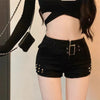 Low-Waisted Black Slim Fit Denim Shorts Women Sexy Girls Rivet Belt Design Unique Y2K Shorts Nightclub Bodycon Pants