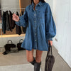 Women's Casual Shirt Button Long Sleeve Denim Dress Loose Pockets Dress