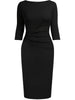 Womens Elegant Round Neck 2/3 Sleeve Work Office Knee Length Solid Business Casual Party Ruched Pencil Bodycon Sheath Dress