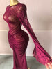 Women Flare Long Sleeve Stacked Dot Mesh See Though with Lining Maxi Long Dress Evening Birthday Sexy Party Dresses