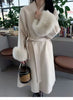 Women Autumn Winter Woolen Coat French Style Fur Sleeves Mid-Length Woolen Coat Women Long Coat Loose Outwear