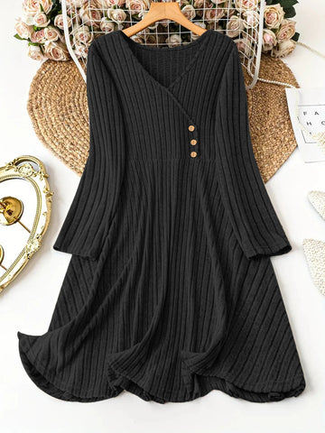 Plus Size Women's Solid Color V-Neck Long Sleeve Pit Stripe Dresses