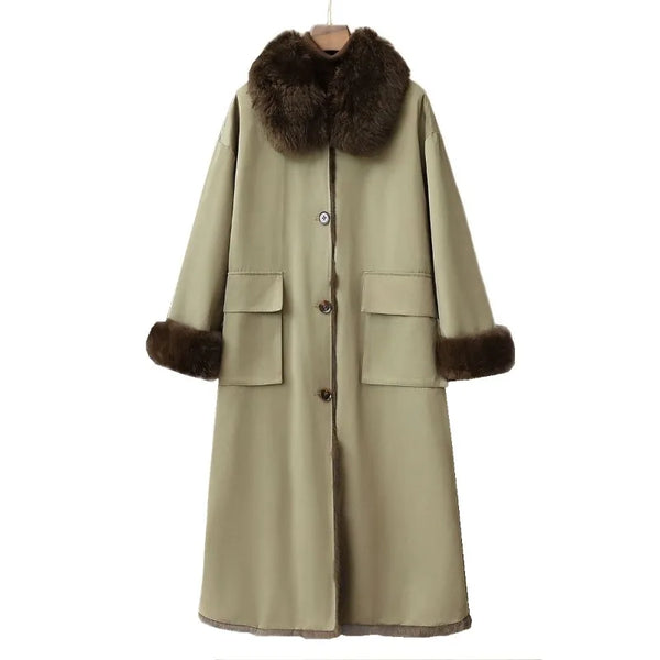Double-sided Wear Rabbit Fur Coat Women's Winter X-long Parkas Thicken Warm Wool-neck Overcoat Female Streetwear Outerwear