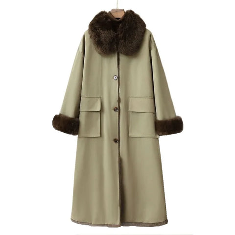 Double-sided Wear Rabbit Fur Coat Women's Winter X-long Parkas Thicken Warm Wool-neck Overcoat Female Streetwear Outerwear