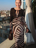 Women Zebra Stripe Long Dress Elegant Lace Up Full Sleeve Slim-fit Robes Evening Party Lady Vestidos