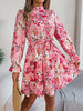 Elegant Mock Neck Belted Ruffle Hem Floral Print Dress For Spring & Fall, Women's Clothing