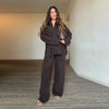 Brown V-Neck Knit Shirt Pants Set Women Solid Long Sleeve Top Empire Straight Loose Trousers Lady Spring Suit
