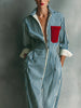 Elegant Striped Print Shirt Dress for Women Casual Turn Down Collar Color Blocking Pocket Long Dresses Graceful Robe