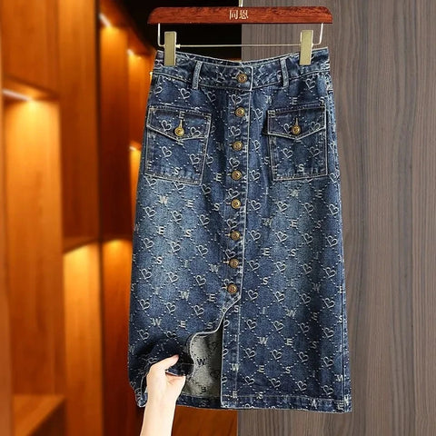 Spring Love Jacquard Denim Skirt Women Autumn Casual Slim Split Buttock Skirt With pockets Female Long Denim Skirts
