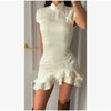 Solid Polka Dot Women's Mini Dress Deep V Neck Puff Sleeve Pleated Front Button A-line Short Dresses Elegant Party Lady Gown