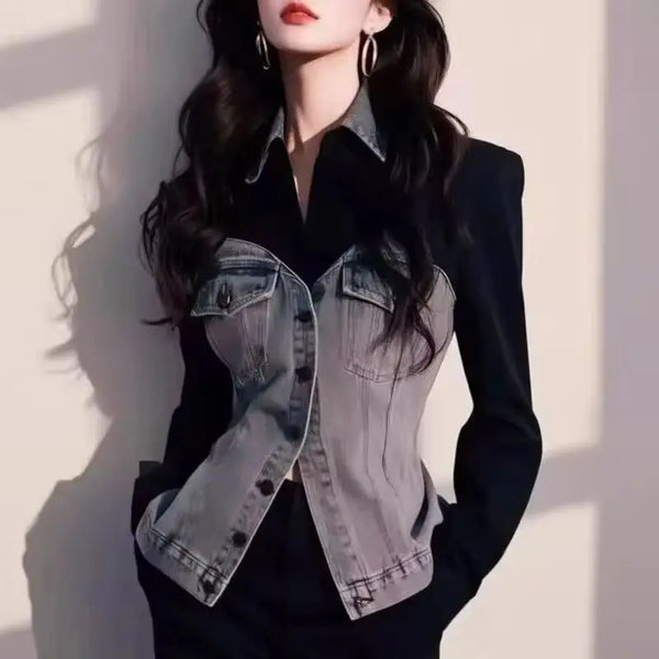 Black Stitching Denim Polo Collar Waist Shirt Woman Autumn Korean Denim Shirt Tops Casual Female Windbreaker