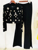 High Street Designer Suit Set Women's Pearls Diamonds Rhinestone Beaded Trimed Jacket Flare Slit Pants Suit