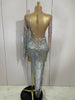 Women Sparkly Rhinestone Pearl Sequins Tassel Sexy Transparent Dress Evening Birthday Party Nightclub Dance Singer Stage Outfit