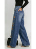 Missuoo Women's Washed Blue High-Waist Metal Grommet Wide Leg Jeans Casual Loose Fit Streetwear Pants Casual Trousers