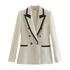 Women Double Breasted Tweed Blazer Coat Vintage Long Sleeve Pockets Female Outerwear Autumn Winter Jacket Casual Blazer