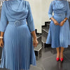 Elegant Office Dress Pleated for Women Professional Round Neck Full Sleeve Belt Waisted Mid Calf Formal Business Work Dress