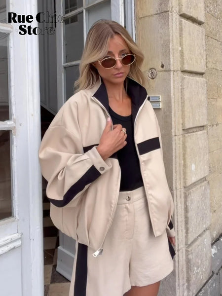 Color Block Cropped Windbreaker Women Casual Zip Up Stand Collar Long Sleeves Striped Outerwear 202 Lady Lightweight Coats